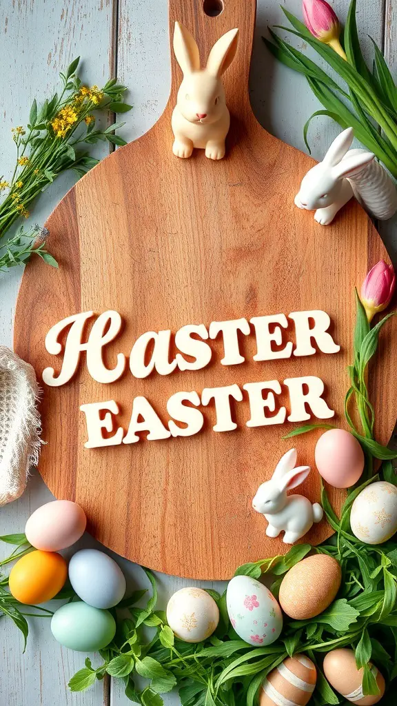 Easter-themed grazing board with colorful eggs, bunny figurines, and fresh flowers.