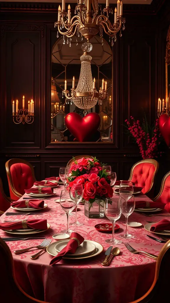 A romantic Valentine's Day tablescape with jewel tones, featuring a chandelier, roses, and elegant table settings.