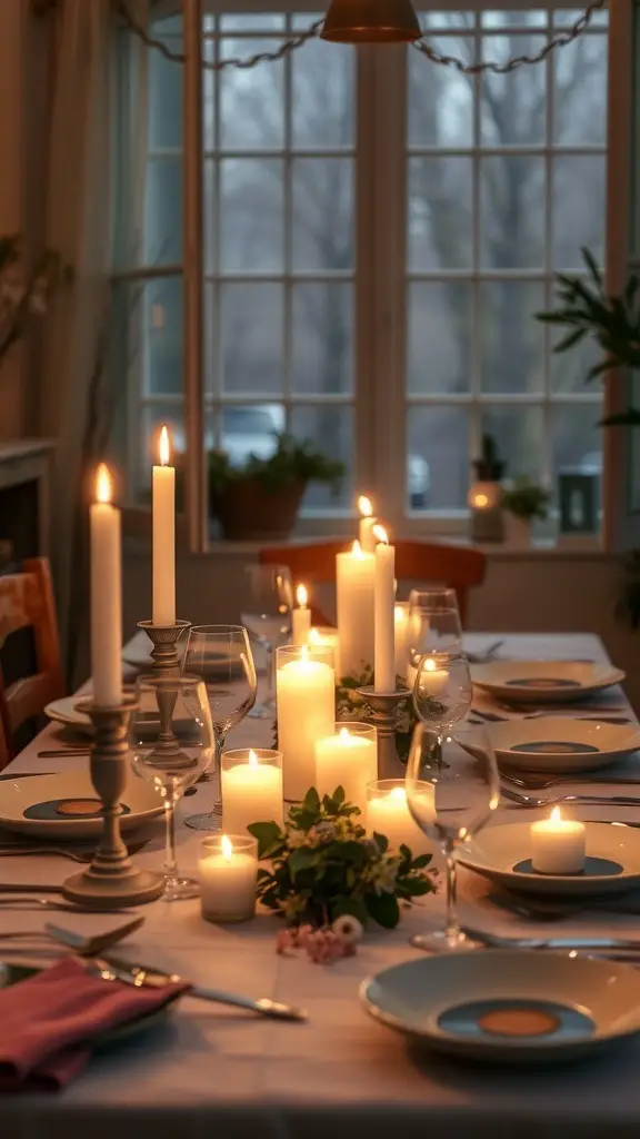 A beautifully set dining table with candles and greenery, creating a warm and inviting atmosphere.