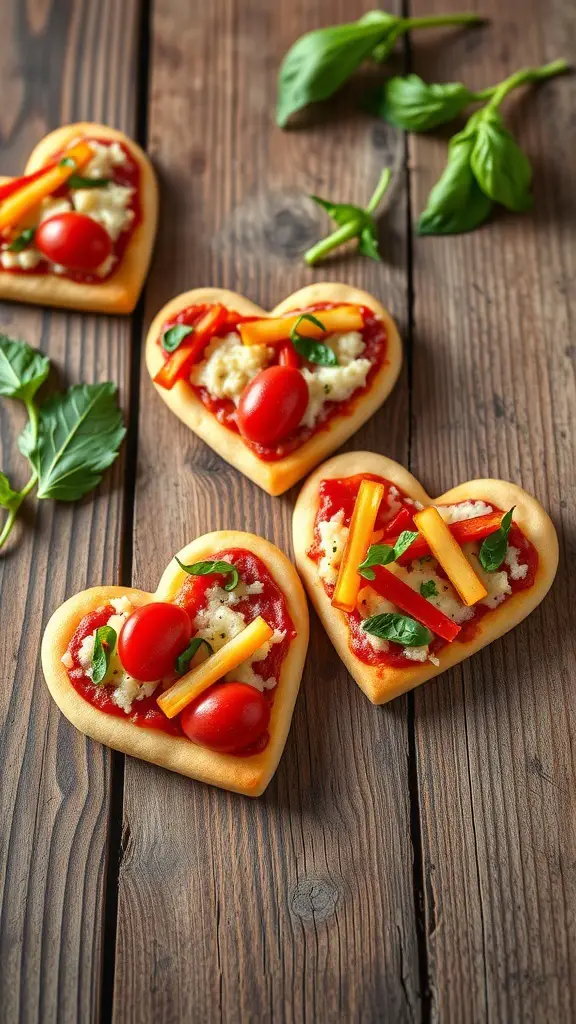 Heart-shaped mini pizzas topped with cheese, cherry tomatoes, and bell peppers on a wooden table
