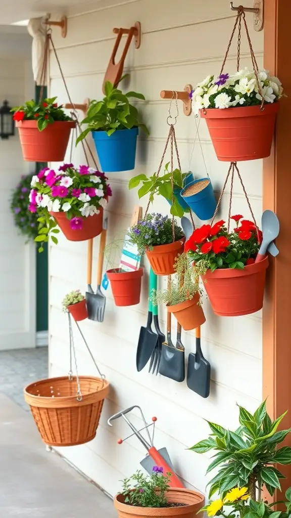 25+ Creative Porch Storage Ideas 3 Colorful hanging baskets with flowers and gardening tools on a porch wall.