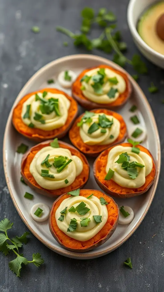 A plate of sweet potato bites topped with avocado cream and garnished with herbs.