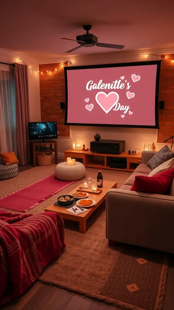 Cozy movie night setup for Galentine's Day with snacks, drinks, and a projector screen.