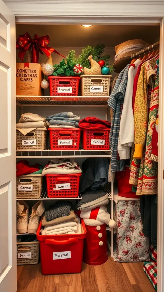 29+ Creative Bin Organization Ideas 15 Organized closet with labeled bins and seasonal clothing