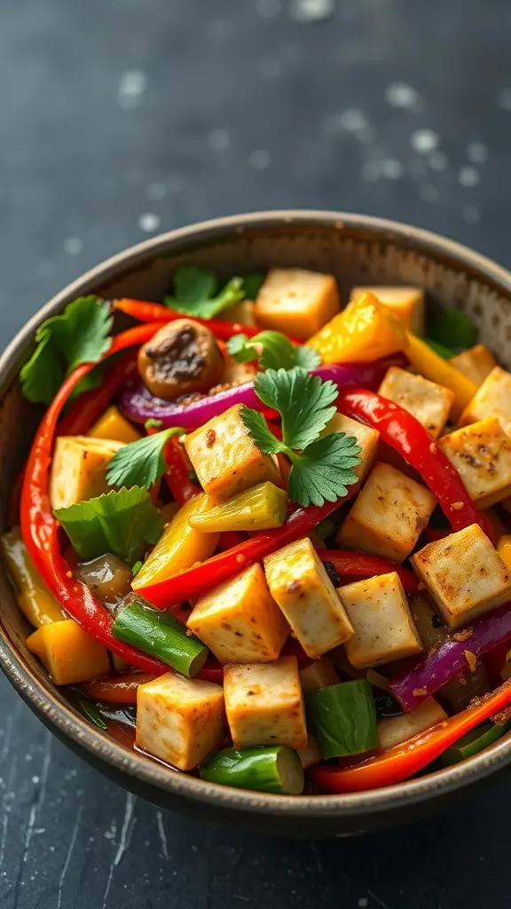 A colorful bowl of vegetable stir-fry with tofu, featuring vibrant bell peppers, green onions, and fresh herbs.