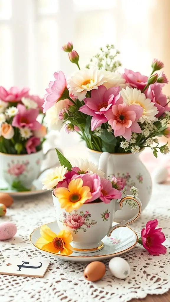 Vintage teacups filled with colorful flowers on a lace tablecloth with Easter eggs