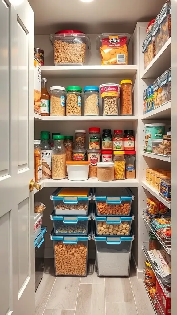 Organized kitchen pantry with clear plastic bins and jars