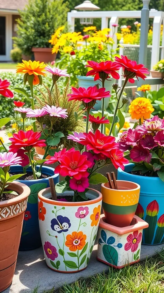 Colorful custom painted plant pots with flowers in a garden setting.