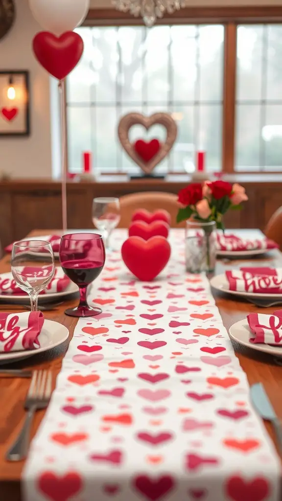 A beautifully set table with a heart-themed runner, pink and red decorations, and elegant tableware.