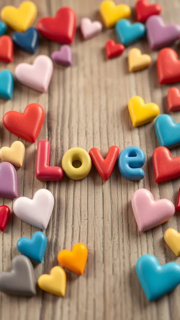 Colorful handmade clay love tokens in heart shapes scattered on a wooden surface