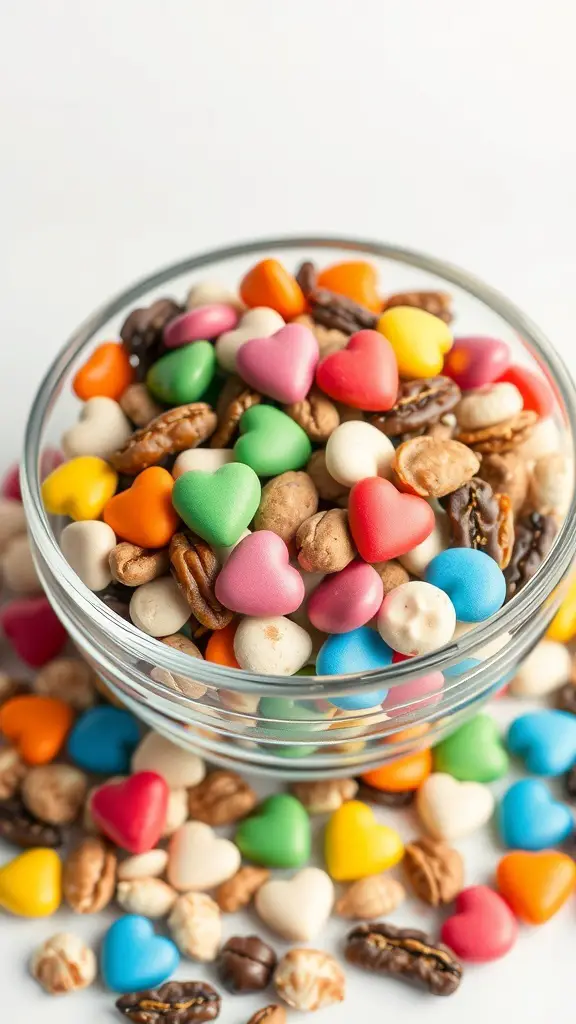 A bowl of colorful Valentine's Day trail mix with heart-shaped candies and pretzels.