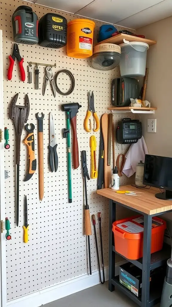 A pegboard displaying various tools organized neatly for easy access.