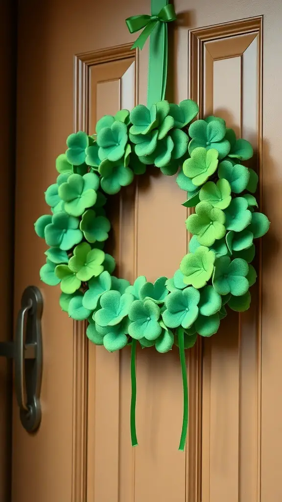 A green shamrock wreath hanging on a door, made of felt-like shamrock shapes with a green ribbon.