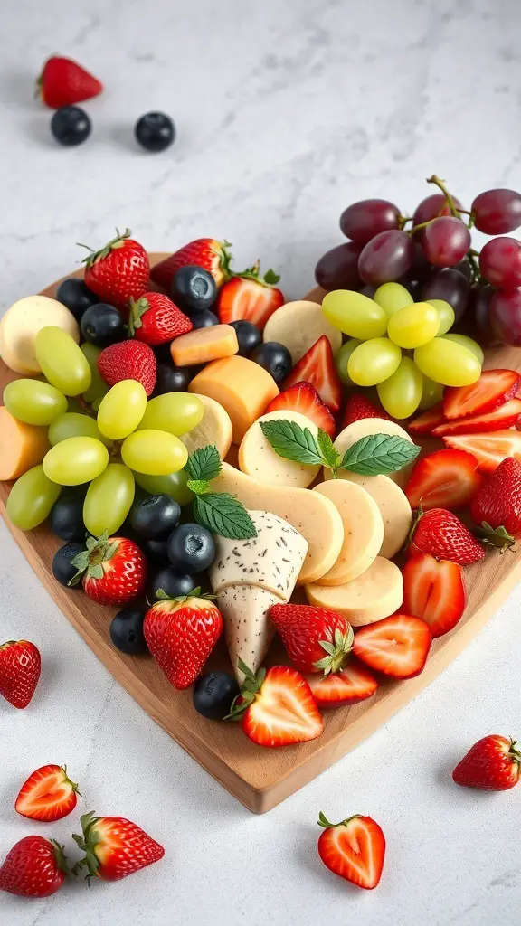 A heart-shaped charcuterie board filled with fresh fruits like strawberries, grapes, and blueberries.