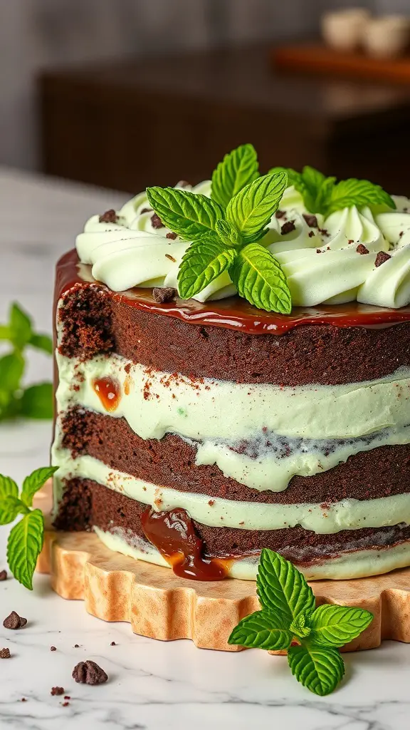 A beautifully layered chocolate mint cake topped with mint leaves and chocolate drizzle.