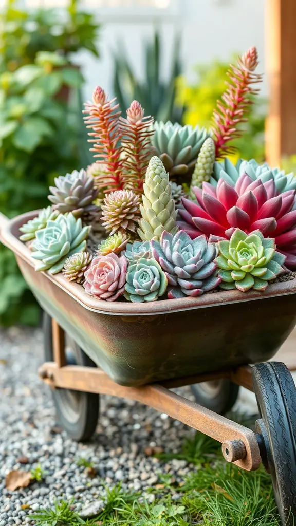 29+ Creative Wheelbarrow Garden Ideas 9 A colorful assortment of succulents planted in a rustic wheelbarrow, set against a lush garden background.