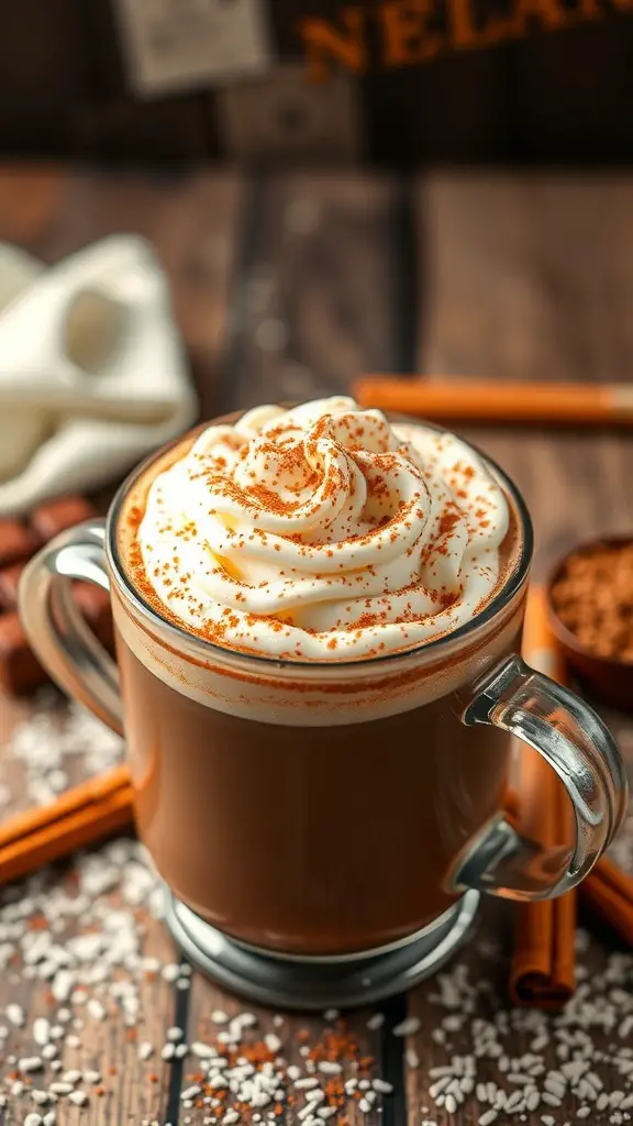 A cup of spicy Mexican hot chocolate topped with whipped cream and cinnamon, surrounded by chocolate and cinnamon sticks.