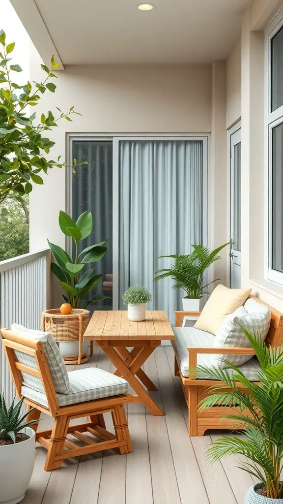 29+ Creative Balcony Storage Ideas 9 A cozy balcony with wooden multi-functional furniture and plants.