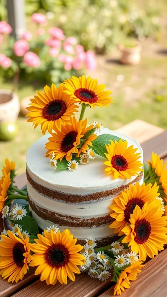 A rustic layered cake decorated with sunflowers and daisies, set outdoors on a wooden table.