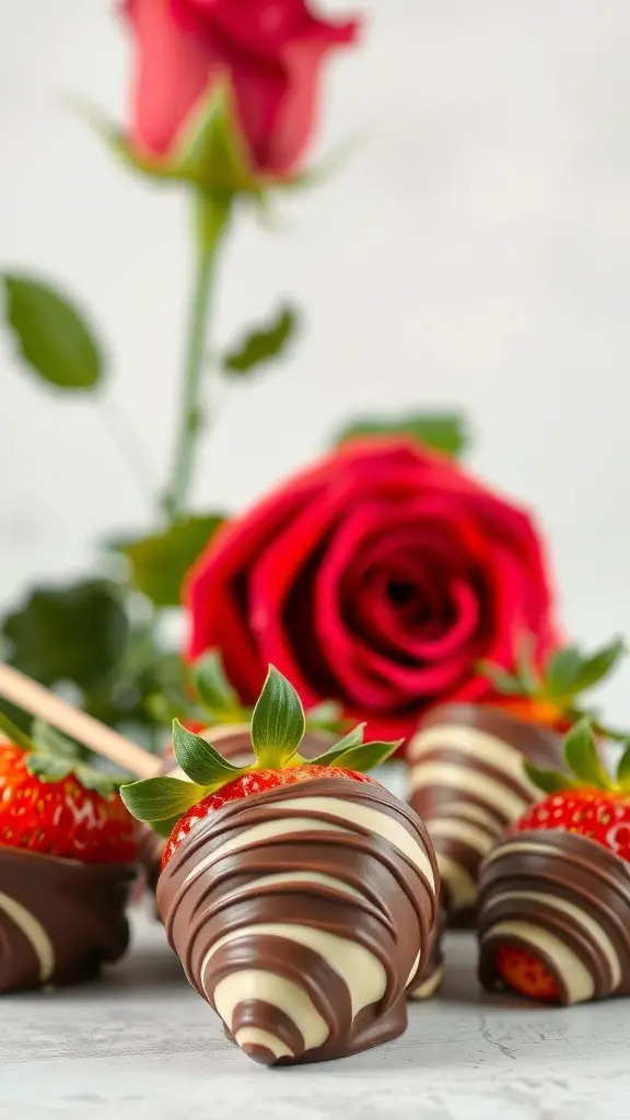 Chocolate-dipped strawberries with a rose in the background