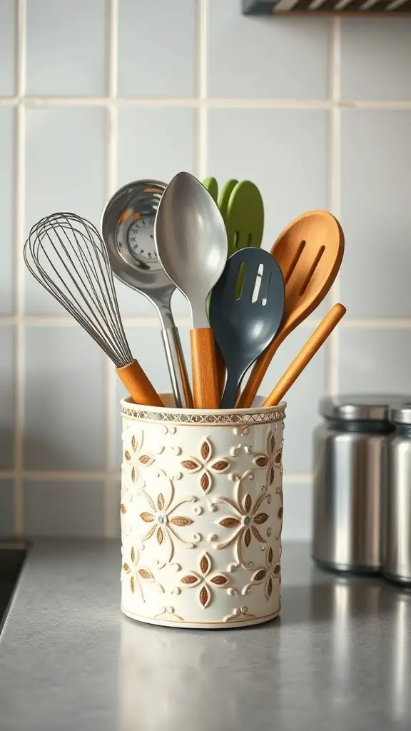 23+ Inspiring Kitchen Counter Styling Ideas to Elevate Your Space 8 A decorative utensil holder filled with various cooking tools on a kitchen counter.