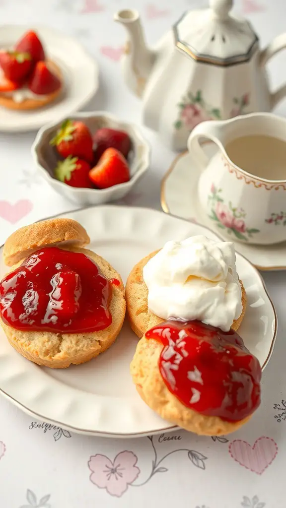 Scones with strawberry jam and clotted cream on a plate, with fresh strawberries and a teapot in the background.