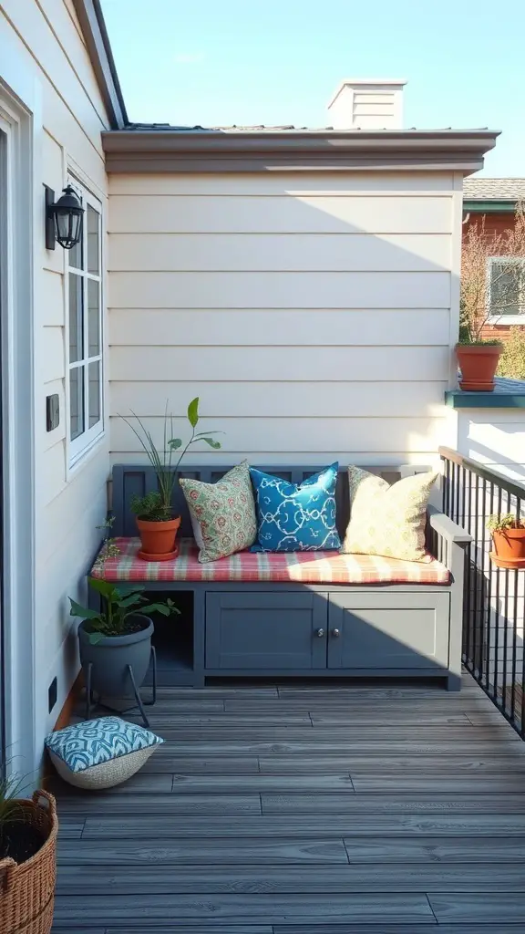 29+ Creative Balcony Storage Ideas 10 Cozy balcony with a storage bench and colorful cushions