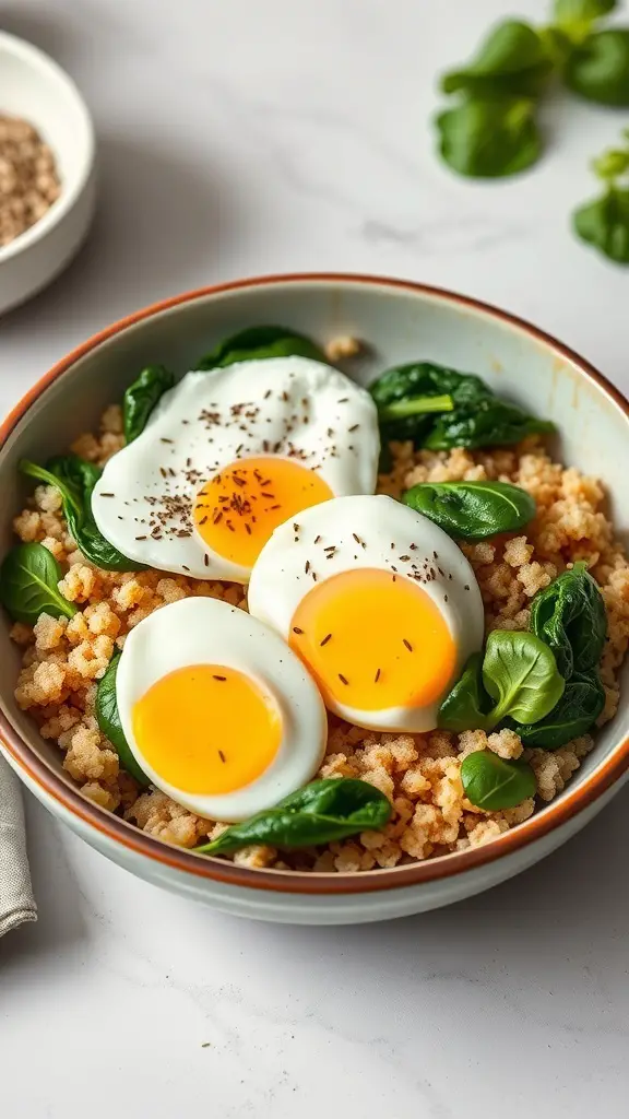 49+ Delicious Spring Breakfast Ideas to Brighten Your Morning 7 A quinoa breakfast bowl with spinach and two poached eggs, garnished with herbs.