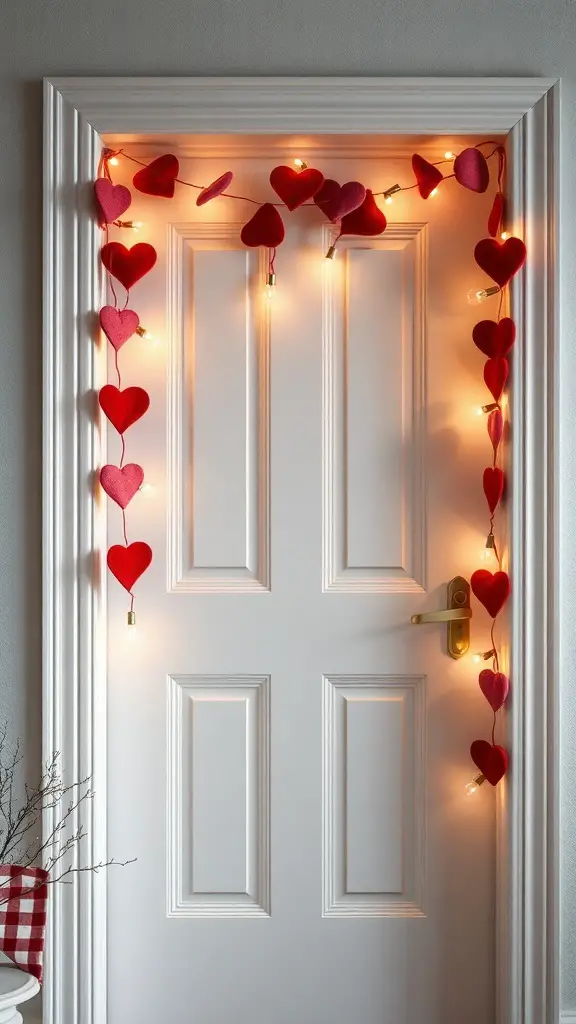 A door decorated with a felt heart garland and fairy lights.