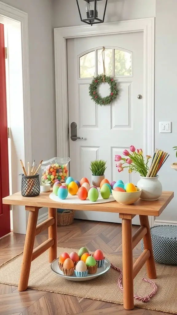 A colorful egg decorating station set up on a wooden table with various art supplies and decorated eggs.