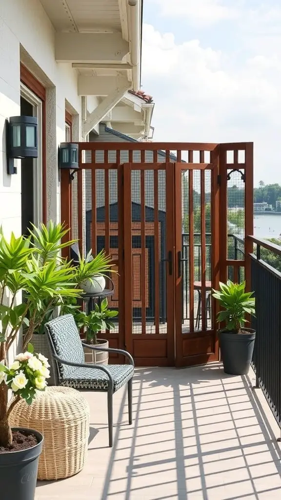 A stylish wooden privacy screen on a balcony with plants and seating.