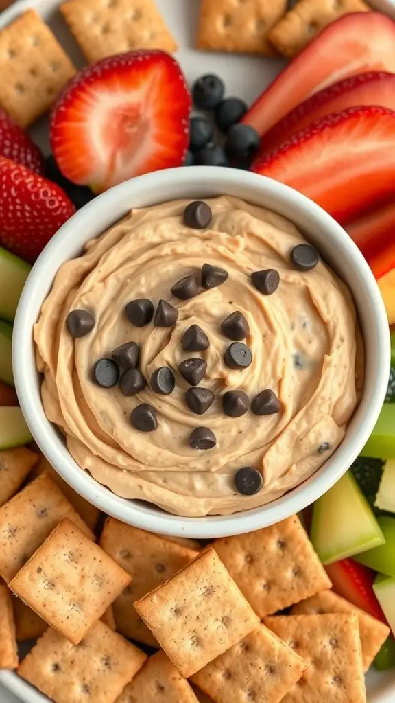 A bowl of chocolate chip cookie dough dip surrounded by fruits and crackers.