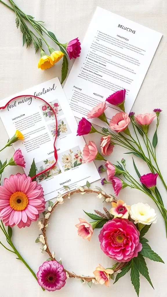 An arrangement of colorful flowers and instructions for making a flower crown.