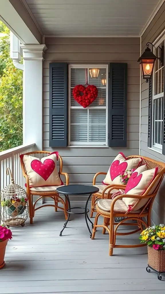 23+ Gorgeous Valentine's Day Porch Decor Ideas You’ll Love 10 A cozy porch with wicker chairs, heart-shaped cushions, and vibrant flower pots, perfect for Valentine's Day.
