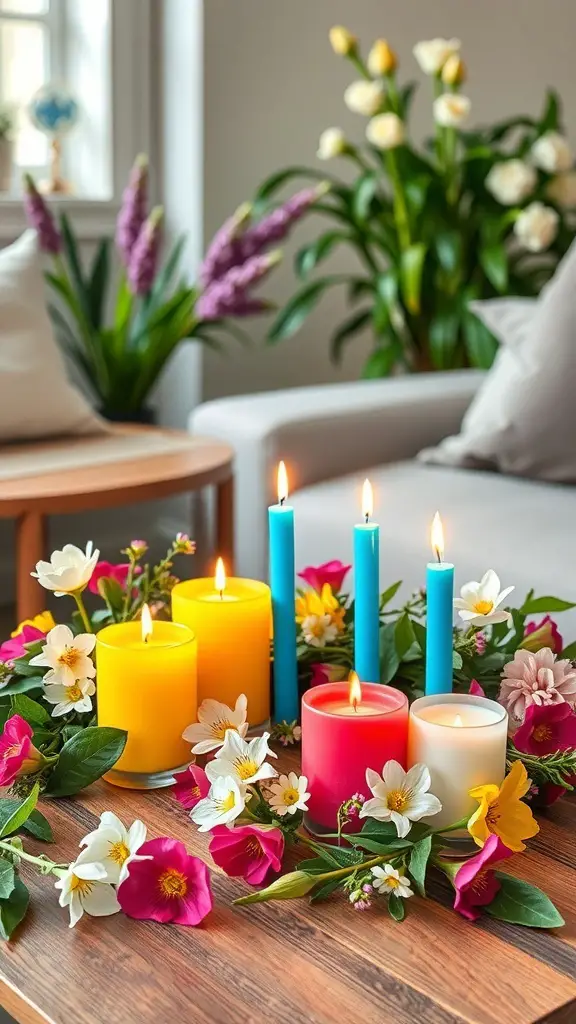 A colorful arrangement of candles surrounded by flowers on a coffee table