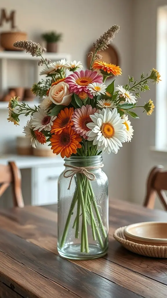 A rustic floral arrangement in a mason jar featuring colorful flowers on a wooden table.