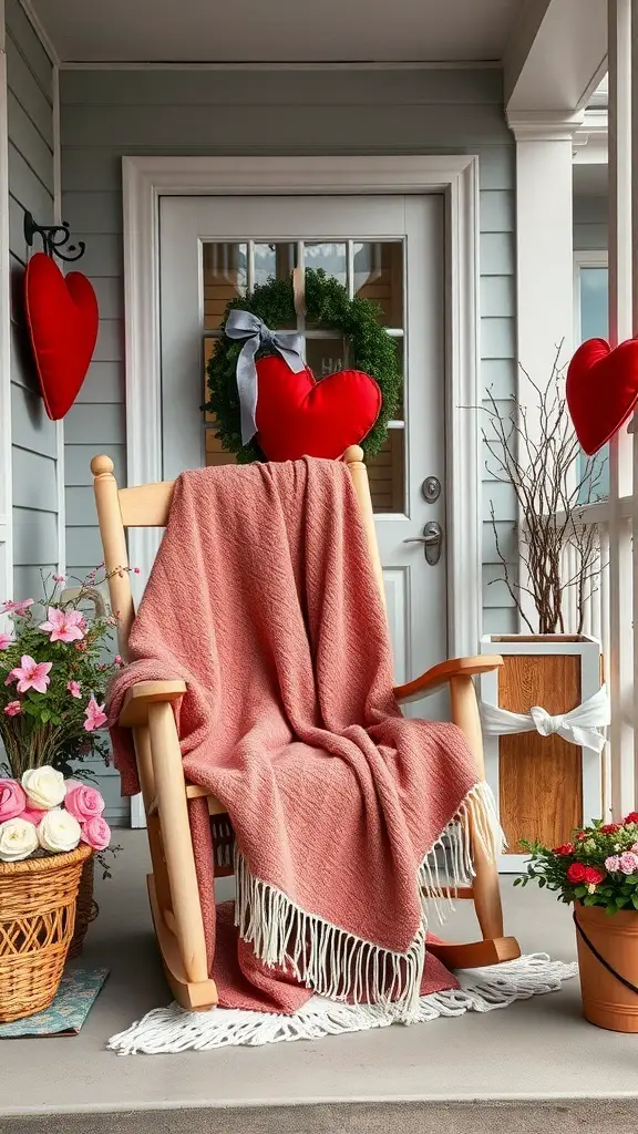 A cozy front porch with a pink throw blanket on a rocking chair, heart decorations, and flower pots.
