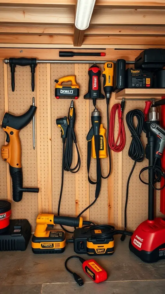 29+ Clever Tool Shed Organization Ideas You Need to Try 16 Organized power tools on a pegboard with charging stations in a tool shed.