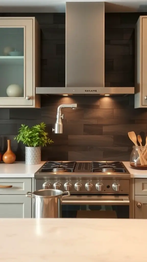 A modern kitchen with a pot filler above the stove, showcasing a sleek design and functional layout.
