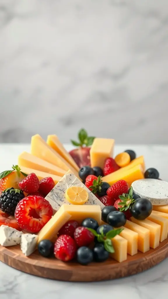 A beautifully arranged fruit and cheese platter featuring various cheeses, strawberries, blueberries, blackberries, and nuts.