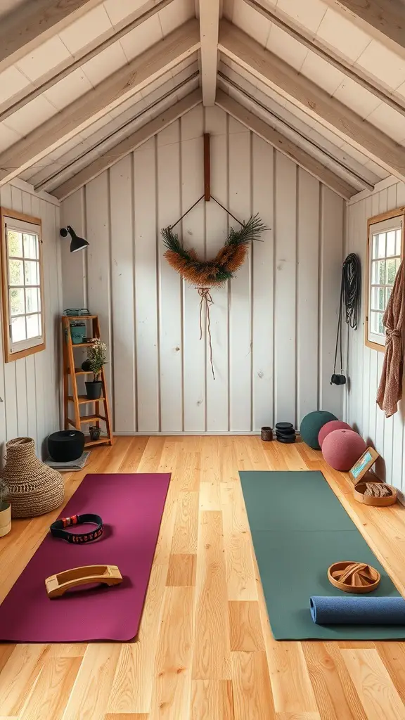 29+ Creative She Shed Ideas for Small Spaces 15 A small fitness and yoga space in a shed with yoga mats, natural light, and decor.