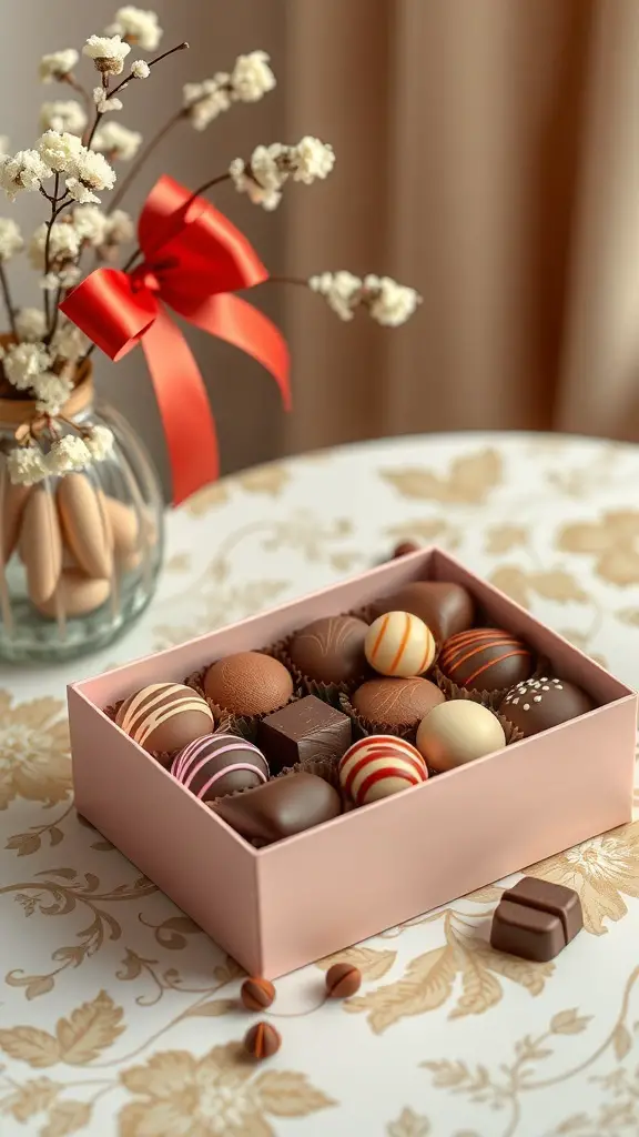 A pink gift box filled with assorted gourmet chocolates, with a small vase of flowers in the background.