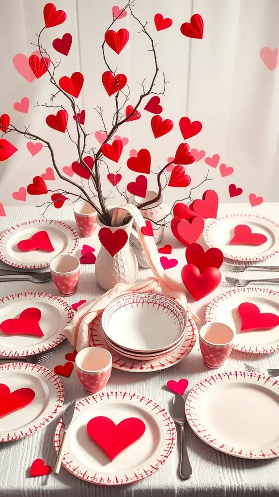 29+ Charming Vintage Valentine Decorations for Your Home 10 A heart-themed table setting with red and white tableware, featuring plates, cups, and a decorative branch with hanging hearts.