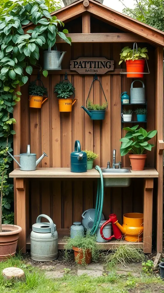 A cozy potting shed with a watering station featuring various watering cans, pots, and a sink.