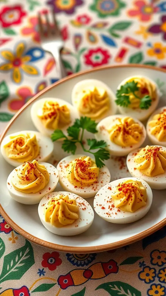 47+ Must-Try Easter Brunch Ideas for a Festive Celebration 12 A plate of deviled eggs topped with smoked paprika and parsley on a colorful floral tablecloth.