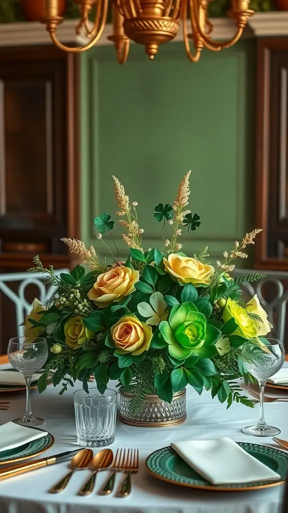 An elegant St. Patrick's Day tablescape featuring an emerald green centerpiece with yellow roses and greenery, set on a white tablecloth with gold cutlery.