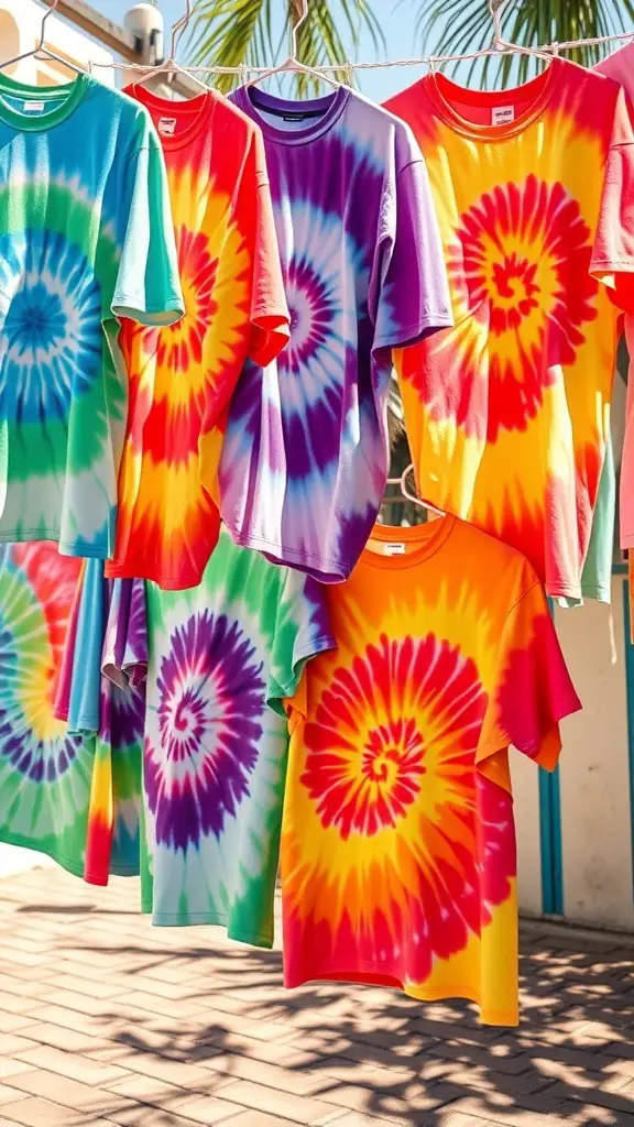 A collection of colorful tie-dye t-shirts hanging on a line