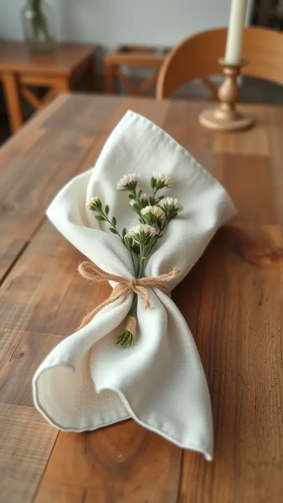 Linen napkin tied with twine and small flowers on a wooden table