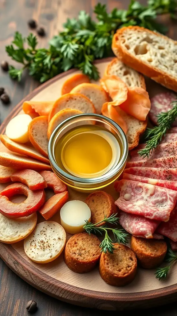 51+ Creative Easter Charcuterie Board Ideas 11 A charcuterie board featuring herb-infused olive oil, sliced meats, cheeses, and crispy bread.