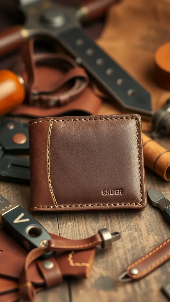 A handmade leather wallet on a wooden surface surrounded by crafting tools.